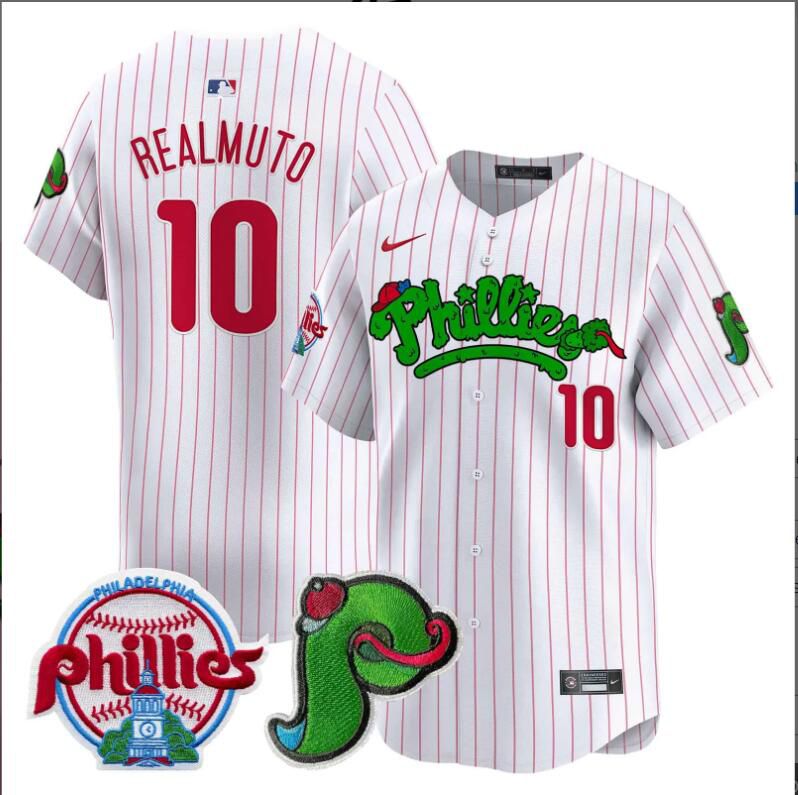 Men Philadelphia Phillies #10 Realmuto white with red strips Limited 2024 MLB Nike jersey